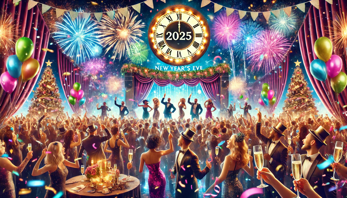 Festive New Year&rsquo;s Eve 2025 celebration with a large clock overhead, colorful fireworks in the night sky, and a packed crowd in formal attire dancing, cheering, and raising champagne glasses in front of a lit stage.