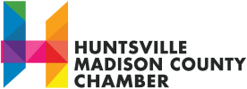 Huntsville/Madison County Chamber logo&mdash;a multicolor geometric &lsquo;H&rsquo; made of overlapping triangles and rectangles in blue, green, pink, orange, and yellow, with the words &lsquo;Huntsville Madison County Chamber&rsquo; in bold dark gray to the right.