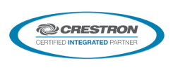 Crestron Certified Integrated Partner badge&mdash;gray Crestron wordmark with swirl icon centered inside a blue oval, with the text &lsquo;Certified Integrated Partner&rsquo; beneath&mdash;signifying authorized integration expertise.